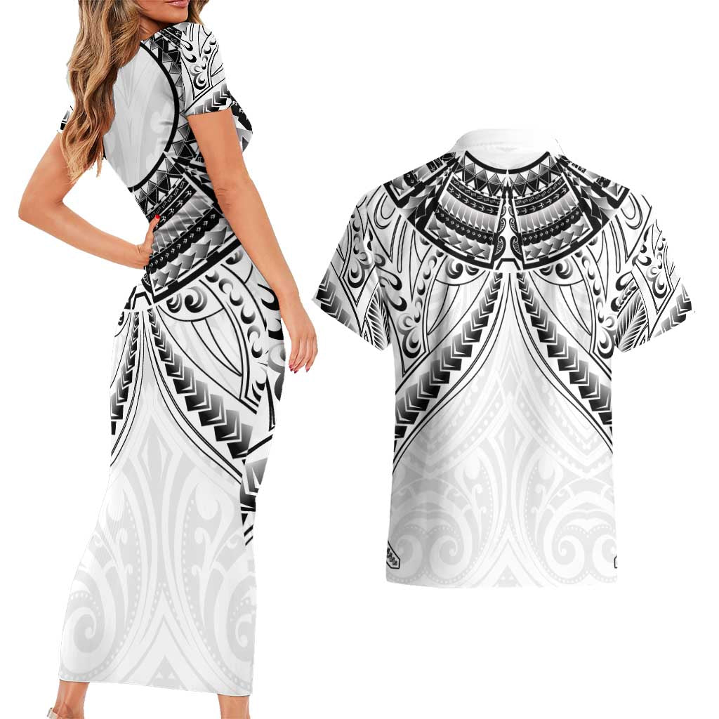 New Zealand Morepork Couples Matching Short Sleeve Bodycon Dress and Hawaiian Shirt Maori Pattern White