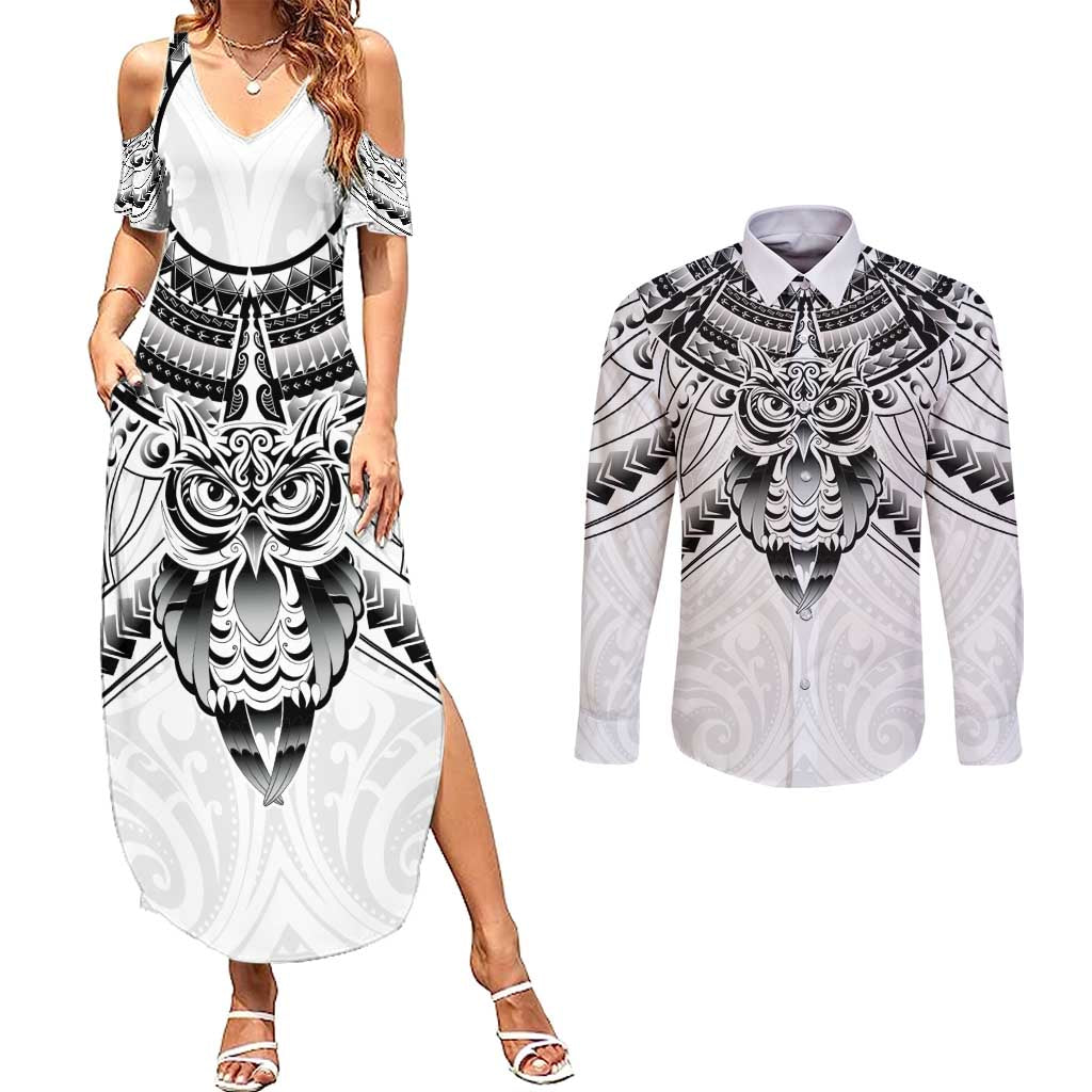 New Zealand Morepork Couples Matching Summer Maxi Dress and Long Sleeve Button Shirt Maori Pattern White
