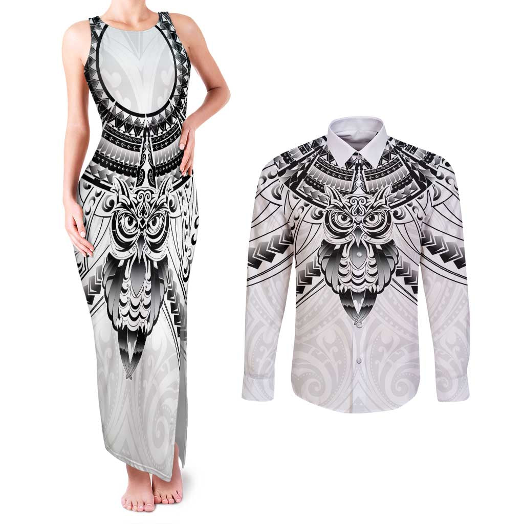 New Zealand Morepork Couples Matching Tank Maxi Dress and Long Sleeve Button Shirt Maori Pattern White