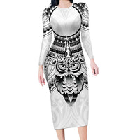 New Zealand Morepork Family Matching Long Sleeve Bodycon Dress and Hawaiian Shirt Maori Pattern White