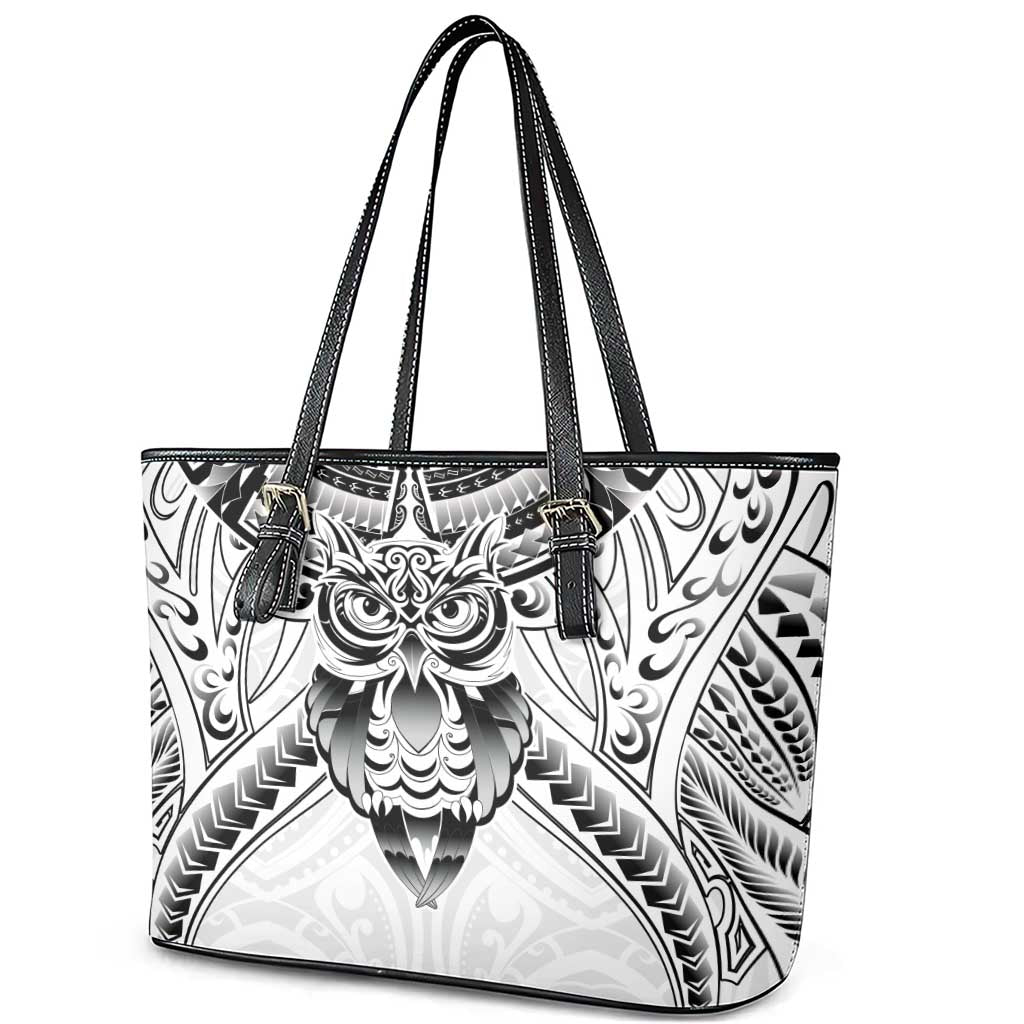 New Zealand Morepork Leather Tote Bag Maori Pattern White