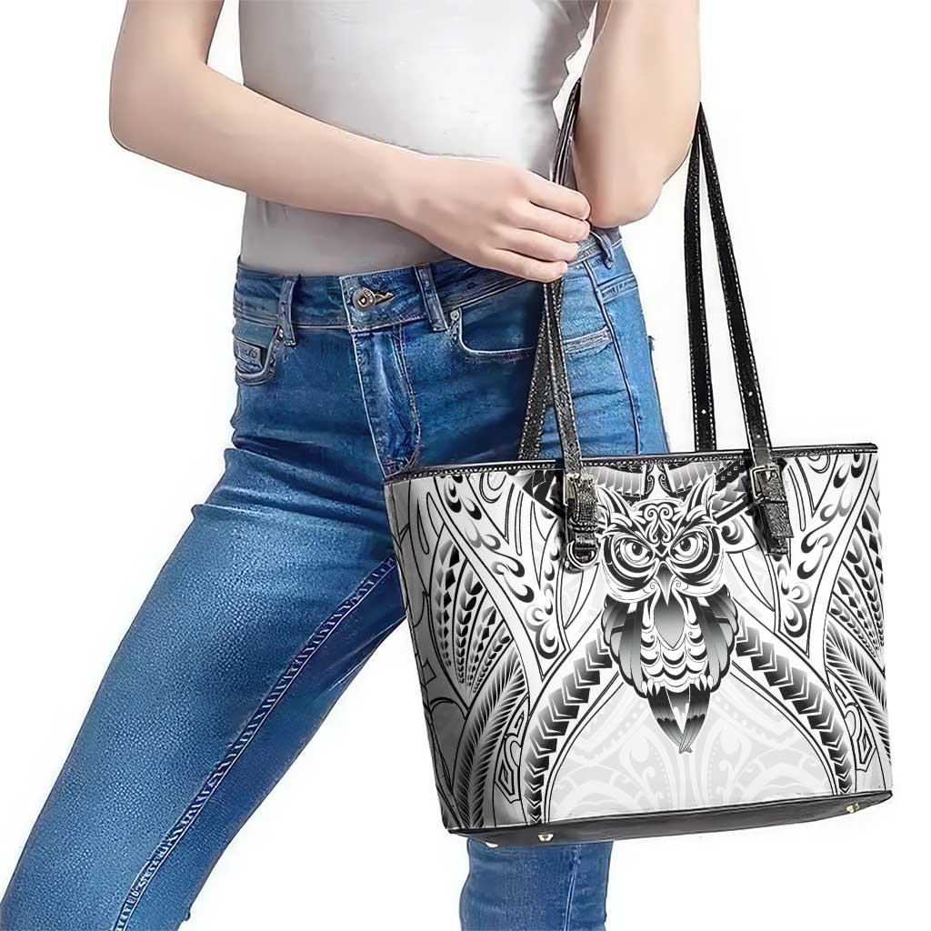 New Zealand Morepork Leather Tote Bag Maori Pattern White