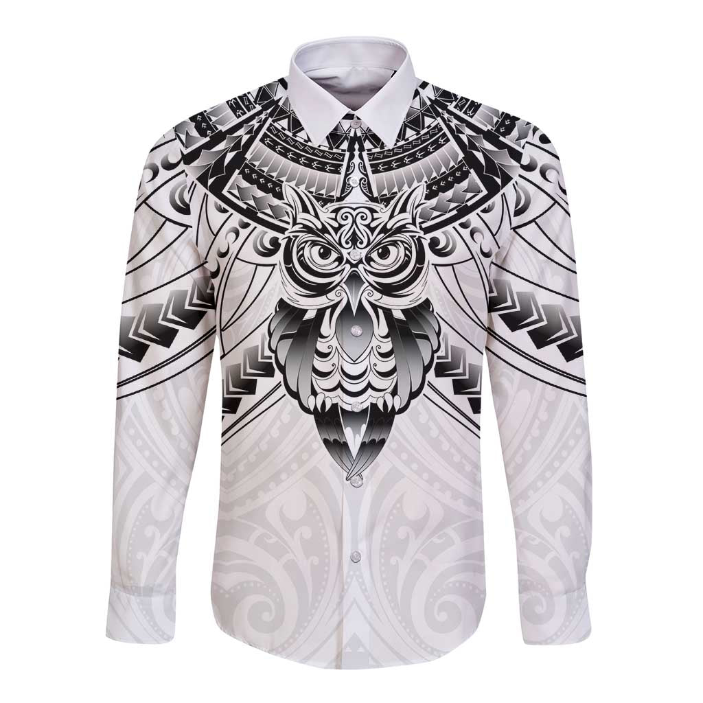 New Zealand Morepork Long Sleeve Button Shirt Maori Pattern White