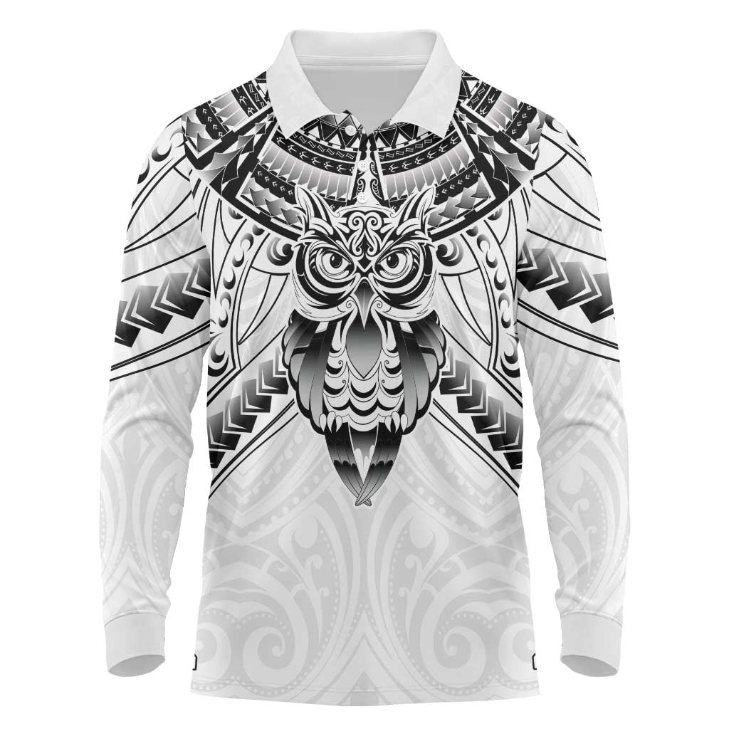 New Zealand Morepork Long Sleeve Polo Shirt Maori Pattern White