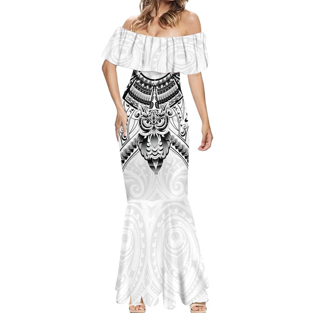 New Zealand Morepork Mermaid Dress Maori Pattern White