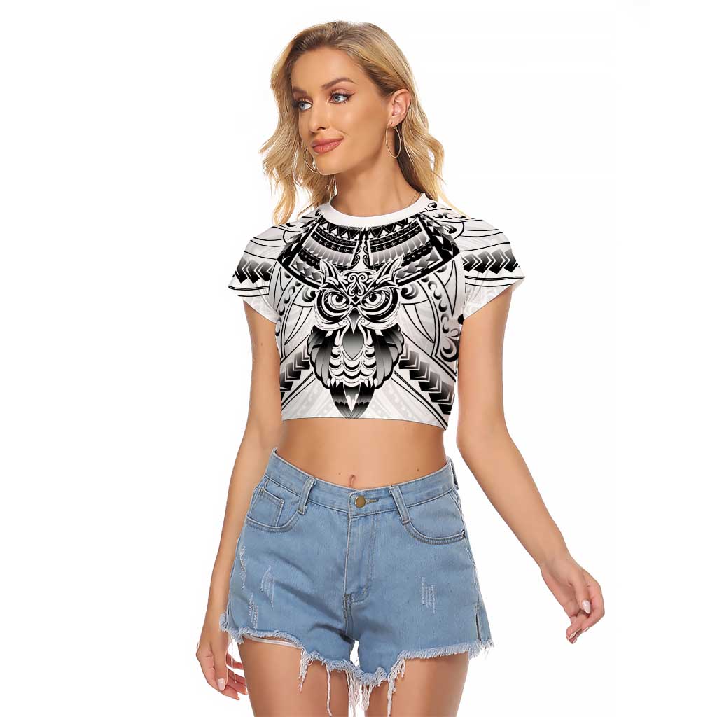 New Zealand Morepork Raglan Cropped T Shirt Maori Pattern White