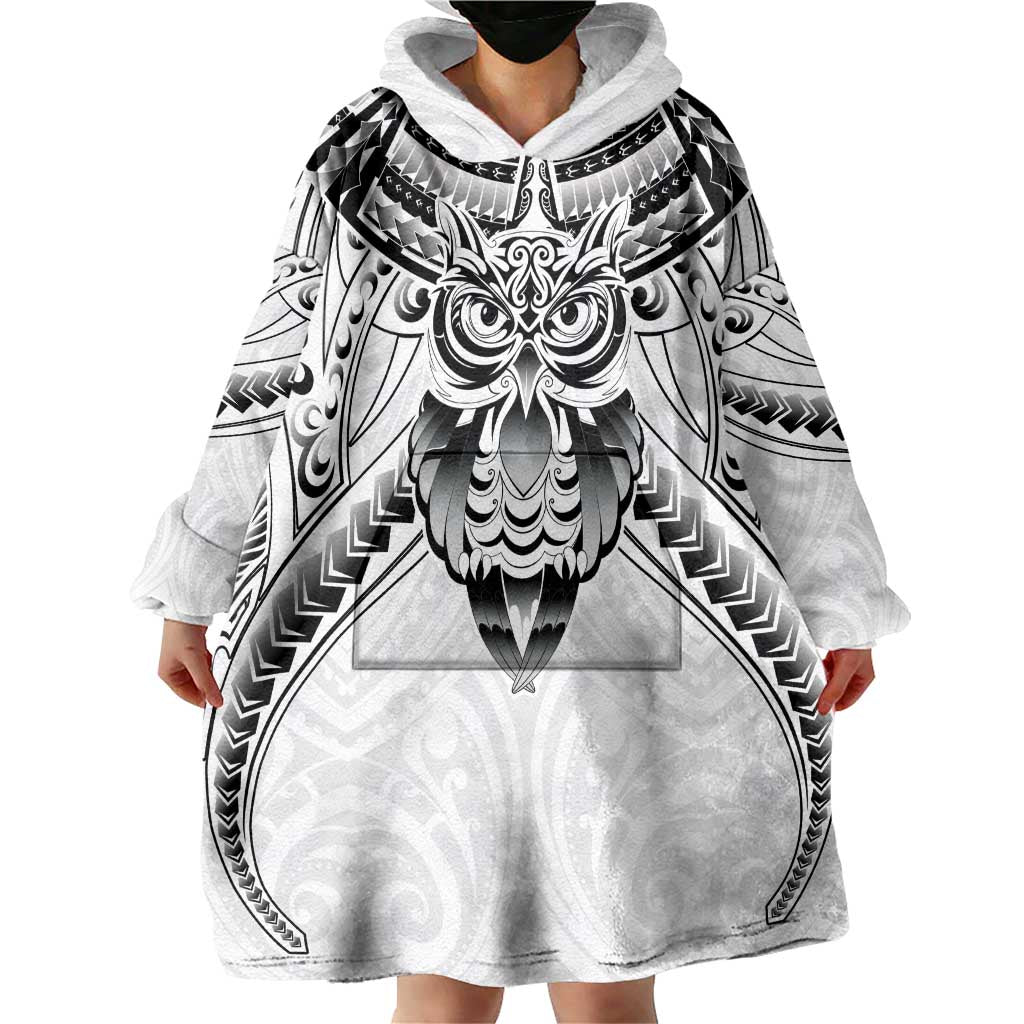 New Zealand Morepork Wearable Blanket Hoodie Maori Pattern White