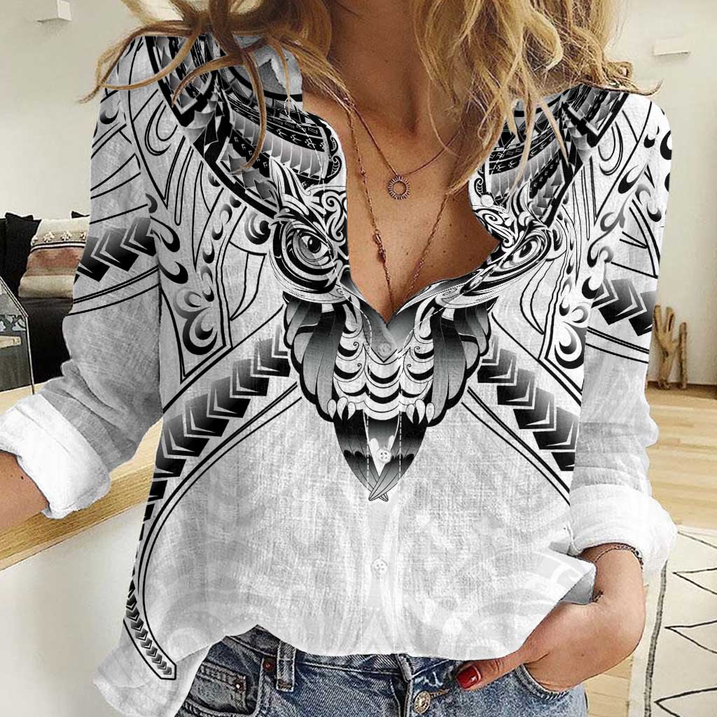 New Zealand Morepork Women Casual Shirt Maori Pattern White