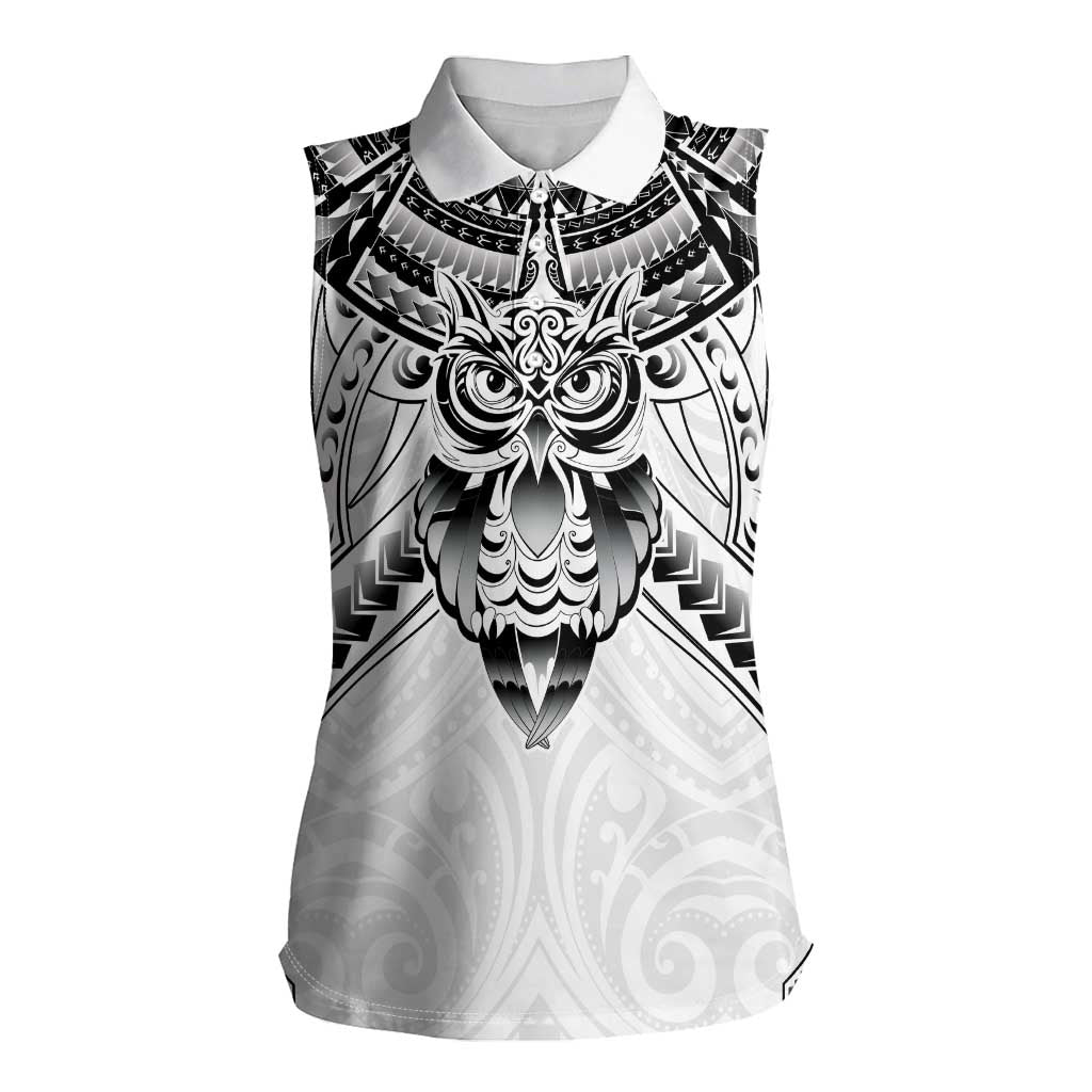 New Zealand Morepork Women Sleeveless Polo Shirt Maori Pattern White