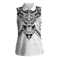 New Zealand Morepork Women Sleeveless Polo Shirt Maori Pattern White