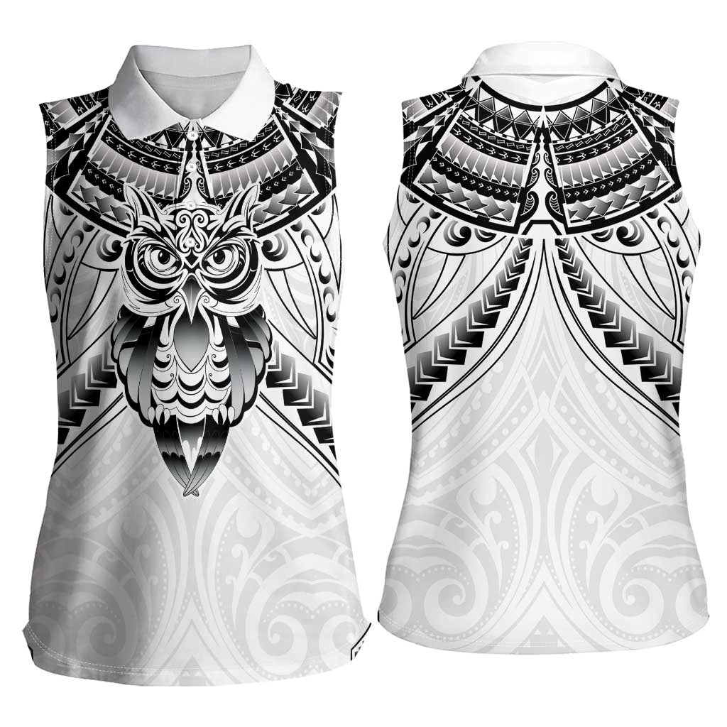 New Zealand Morepork Women Sleeveless Polo Shirt Maori Pattern White