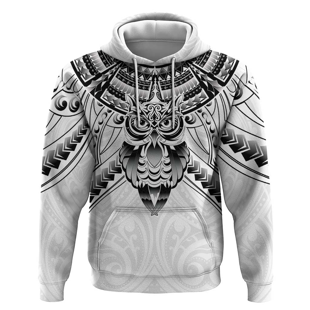 New Zealand Morepork Zip Hoodie Maori Pattern White