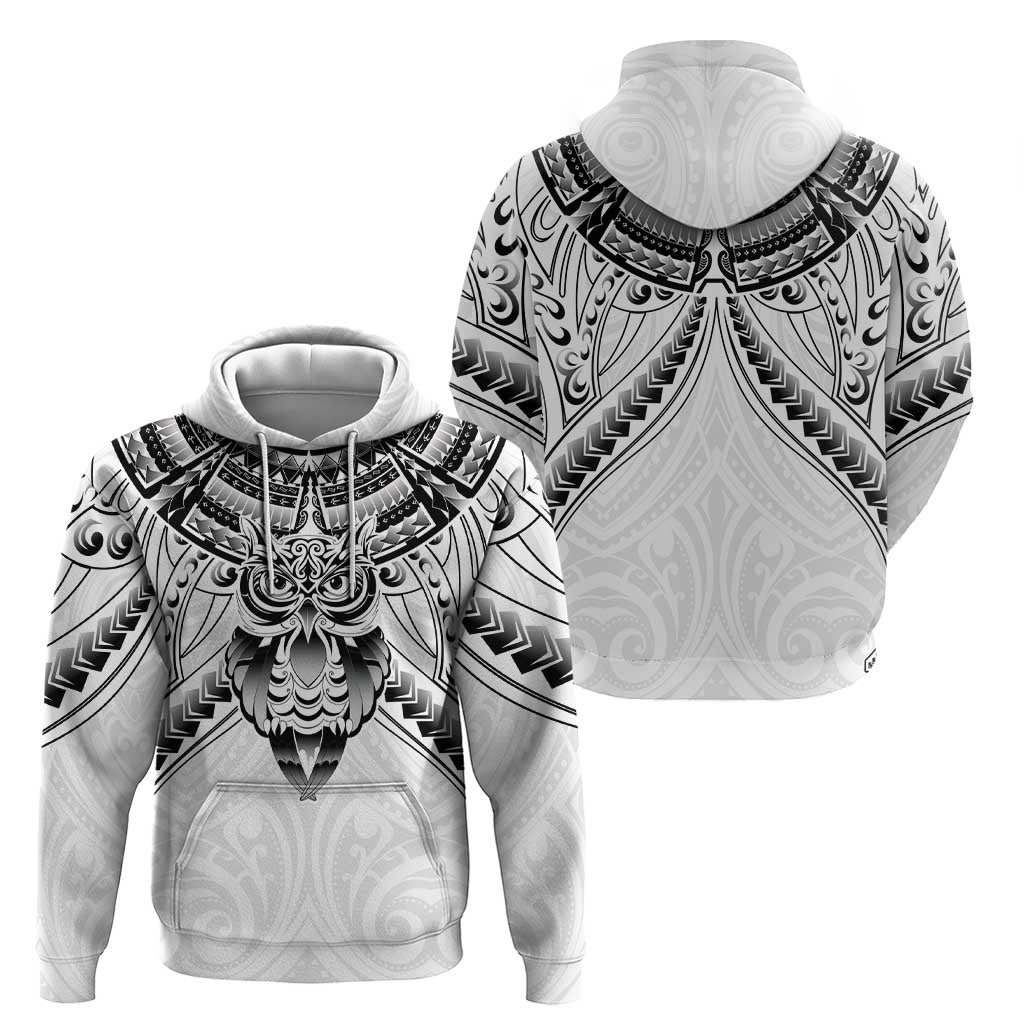 New Zealand Morepork Zip Hoodie Maori Pattern White