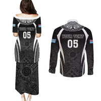 Custom Fiji Rugby Couples Matching Puletasi and Long Sleeve Button Shirt Fijian Warrior Black