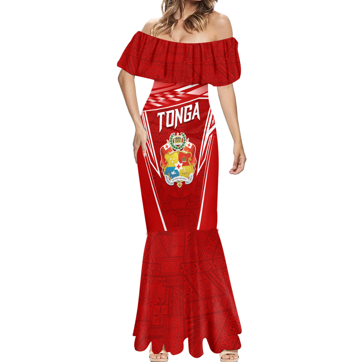 Custom Tonga Rugby Mermaid Dress Kupesi Ngatu Pattern
