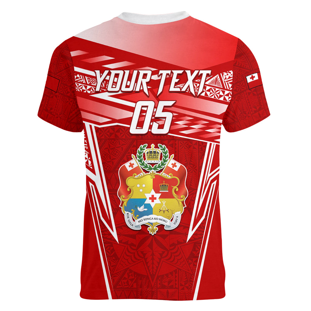 Custom Tonga Rugby Women V-Neck T-Shirt Kupesi Ngatu Pattern