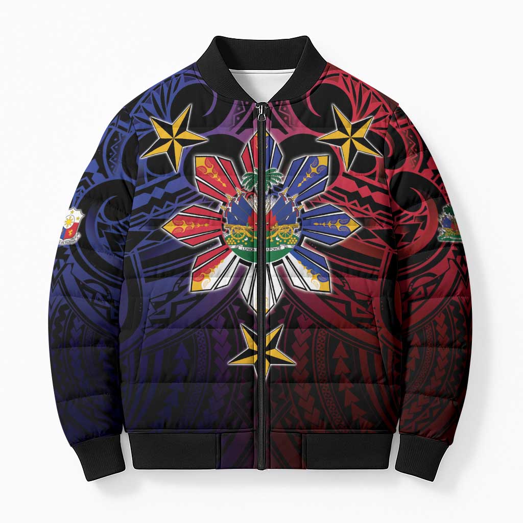 Haiti Philippines Bomber Puffer Jacket Haitian Coat Of Arms With Filipino Sun