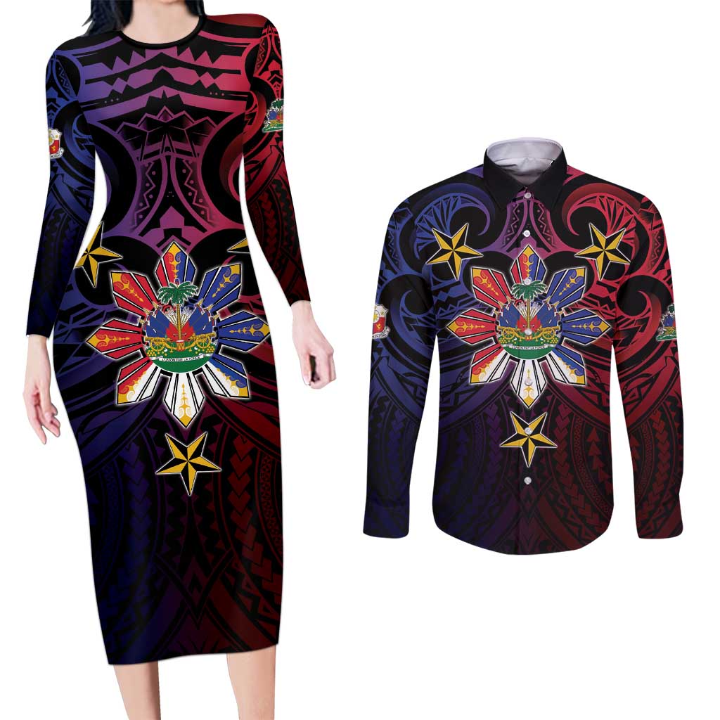 Haiti Philippines Couples Matching Long Sleeve Bodycon Dress and Long Sleeve Button Shirt Haitian Coat Of Arms With Filipino Sun