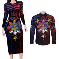 Haiti Philippines Couples Matching Long Sleeve Bodycon Dress and Long Sleeve Button Shirt Haitian Coat Of Arms With Filipino Sun