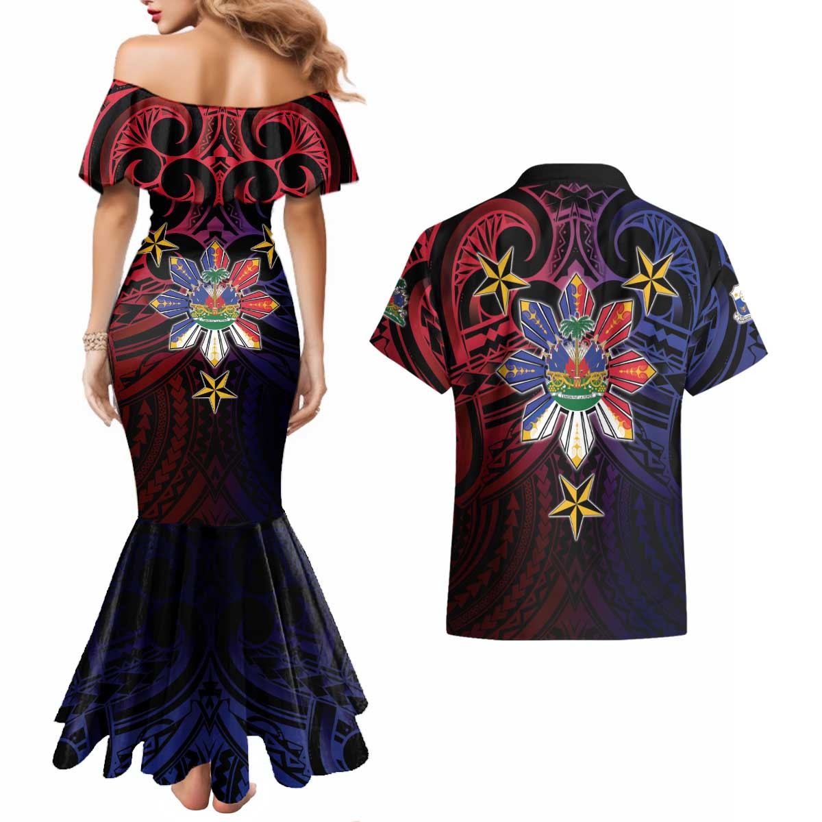 Haiti Philippines Couples Matching Mermaid Dress and Hawaiian Shirt Haitian Coat Of Arms With Filipino Sun