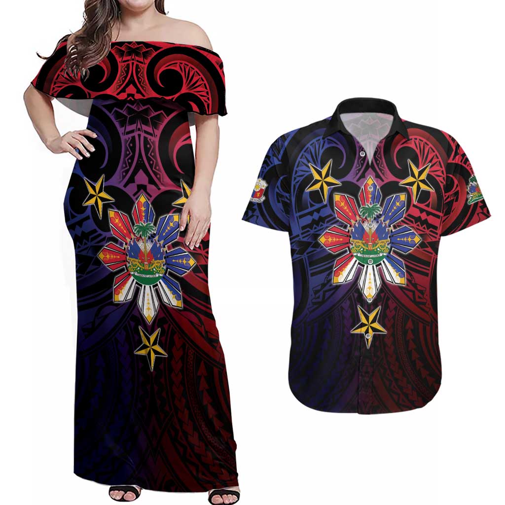 Haiti Philippines Couples Matching Off Shoulder Maxi Dress and Hawaiian Shirt Haitian Coat Of Arms With Filipino Sun