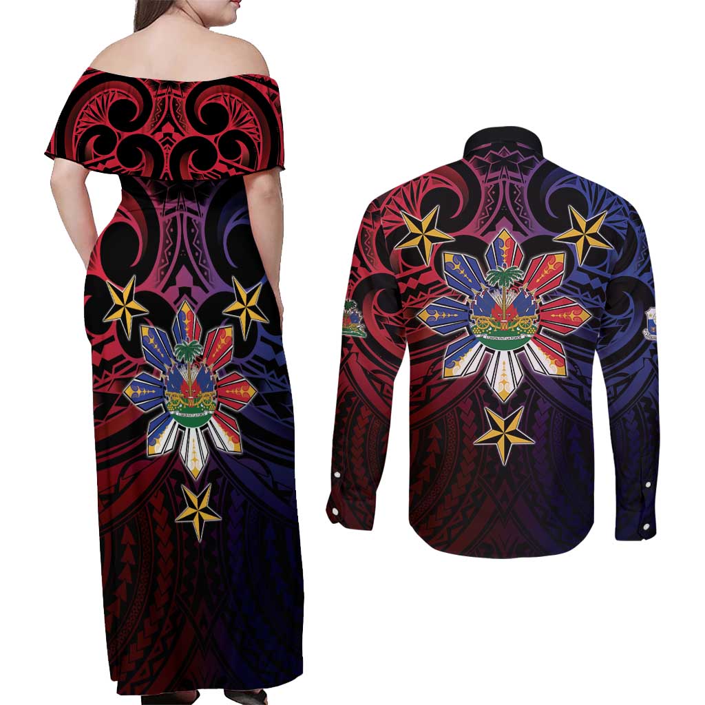 Haiti Philippines Couples Matching Off Shoulder Maxi Dress and Long Sleeve Button Shirt Haitian Coat Of Arms With Filipino Sun