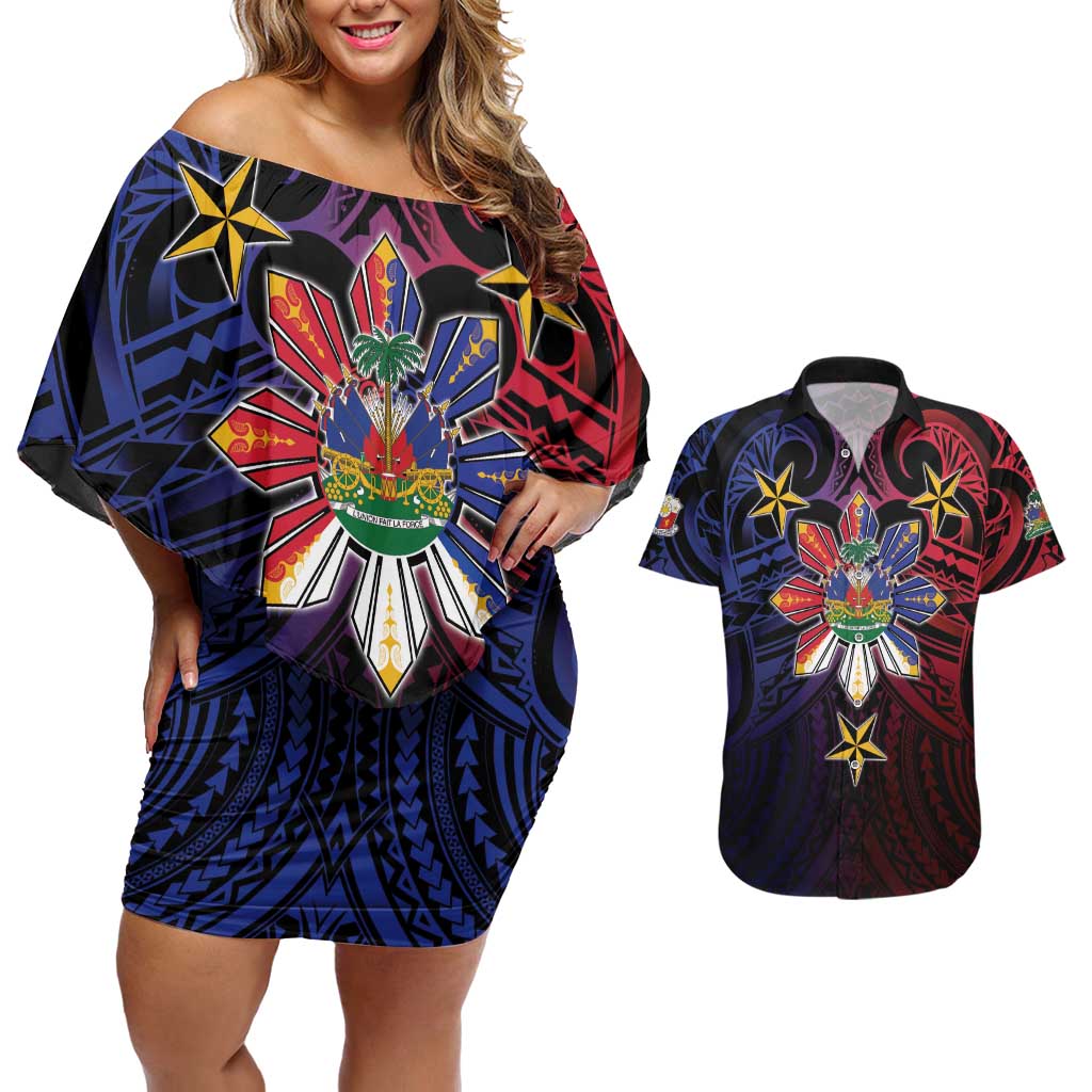 Haiti Philippines Couples Matching Off Shoulder Short Dress and Hawaiian Shirt Haitian Coat Of Arms With Filipino Sun