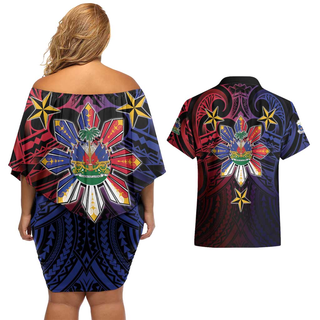 Haiti Philippines Couples Matching Off Shoulder Short Dress and Hawaiian Shirt Haitian Coat Of Arms With Filipino Sun