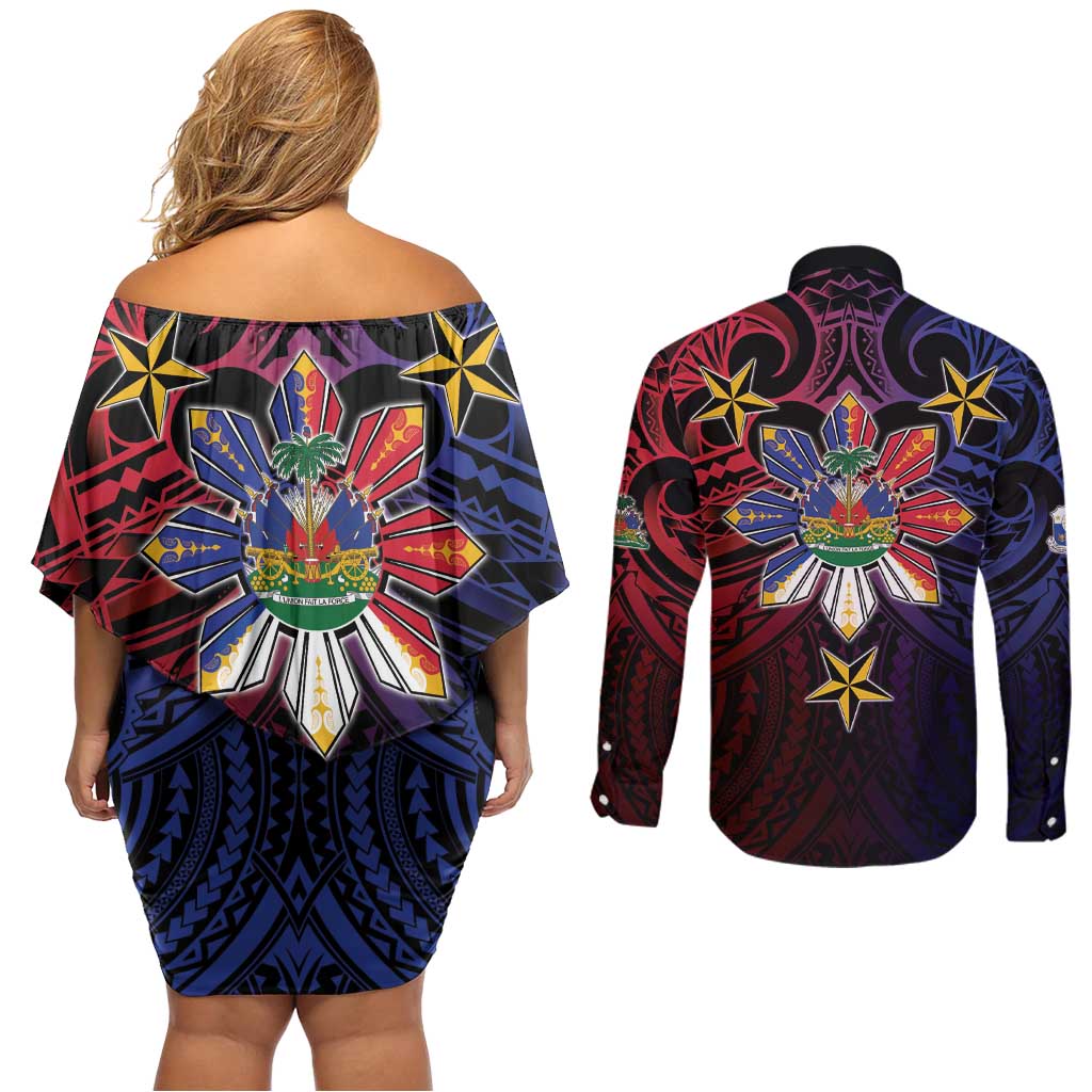 Haiti Philippines Couples Matching Off Shoulder Short Dress and Long Sleeve Button Shirt Haitian Coat Of Arms With Filipino Sun