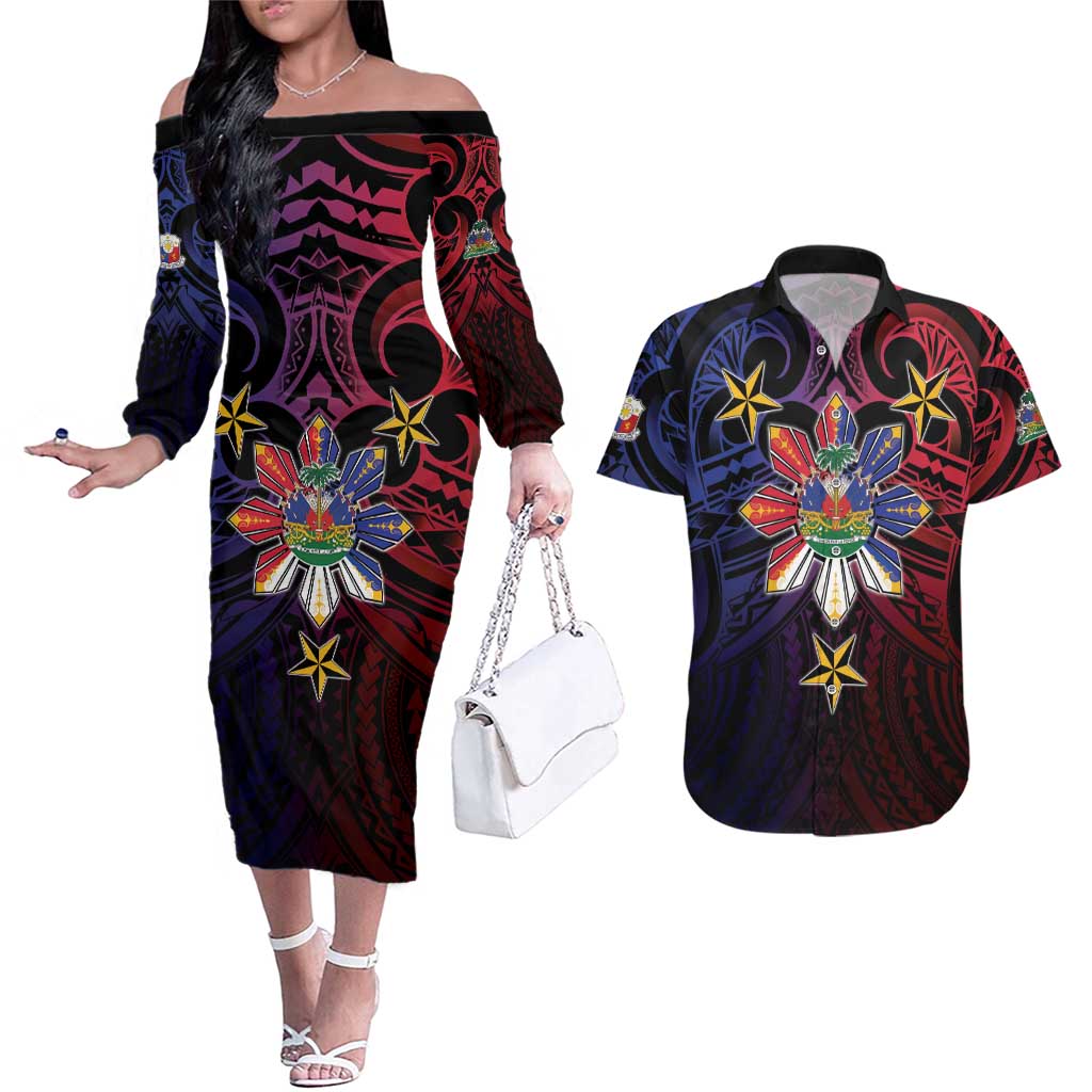 Haiti Philippines Couples Matching Off The Shoulder Long Sleeve Dress and Hawaiian Shirt Haitian Coat Of Arms With Filipino Sun