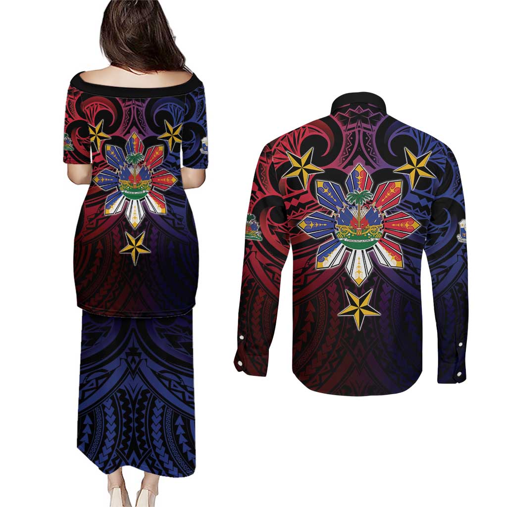 Haiti Philippines Couples Matching Puletasi and Long Sleeve Button Shirt Haitian Coat Of Arms With Filipino Sun