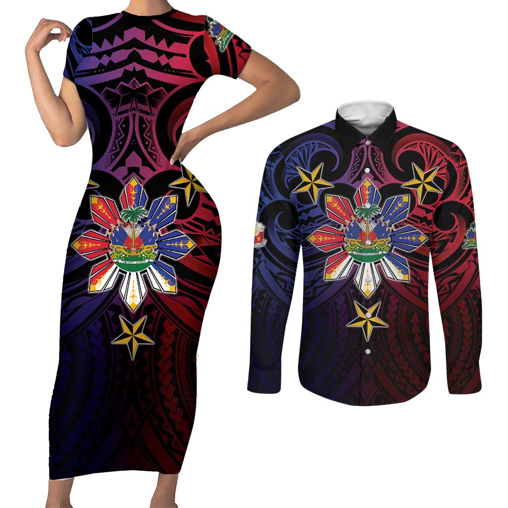 Haiti Philippines Couples Matching Short Sleeve Bodycon Dress and Long Sleeve Button Shirt Haitian Coat Of Arms With Filipino Sun