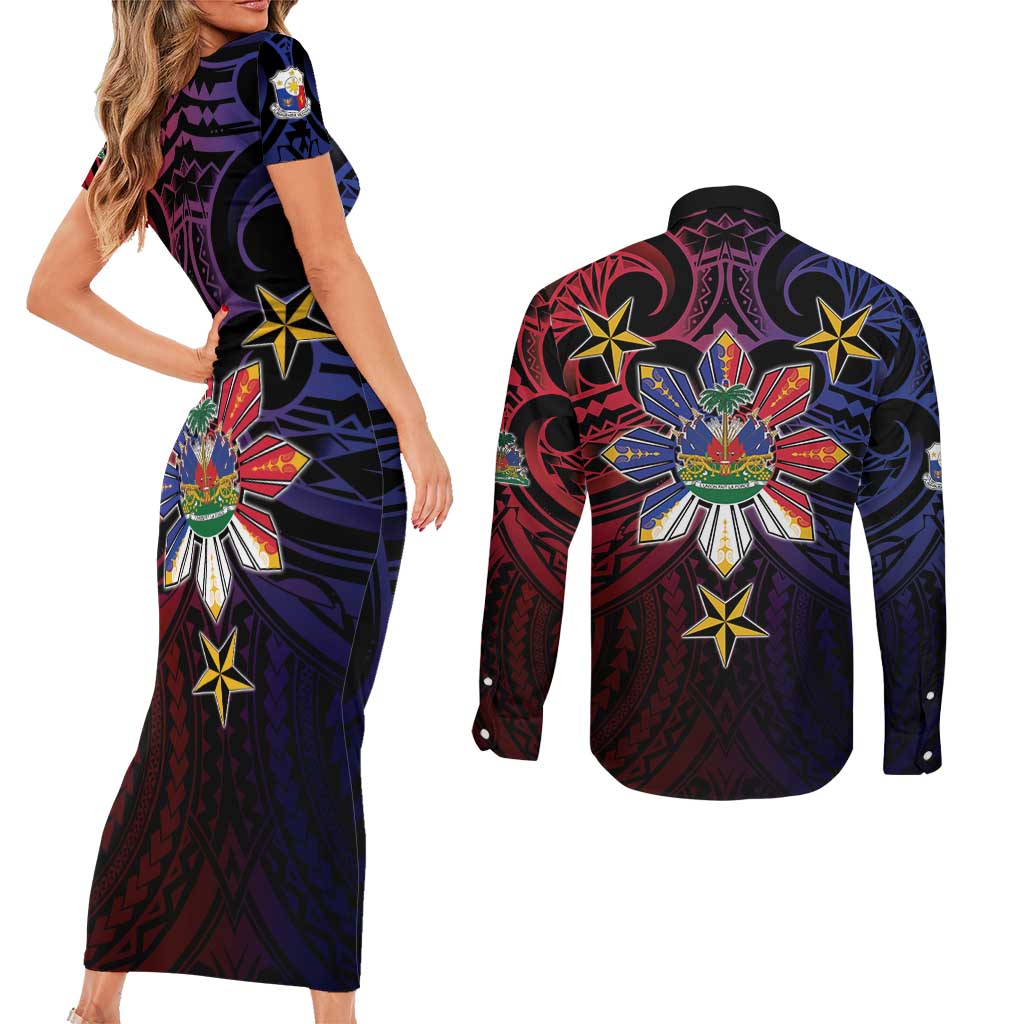 Haiti Philippines Couples Matching Short Sleeve Bodycon Dress and Long Sleeve Button Shirt Haitian Coat Of Arms With Filipino Sun
