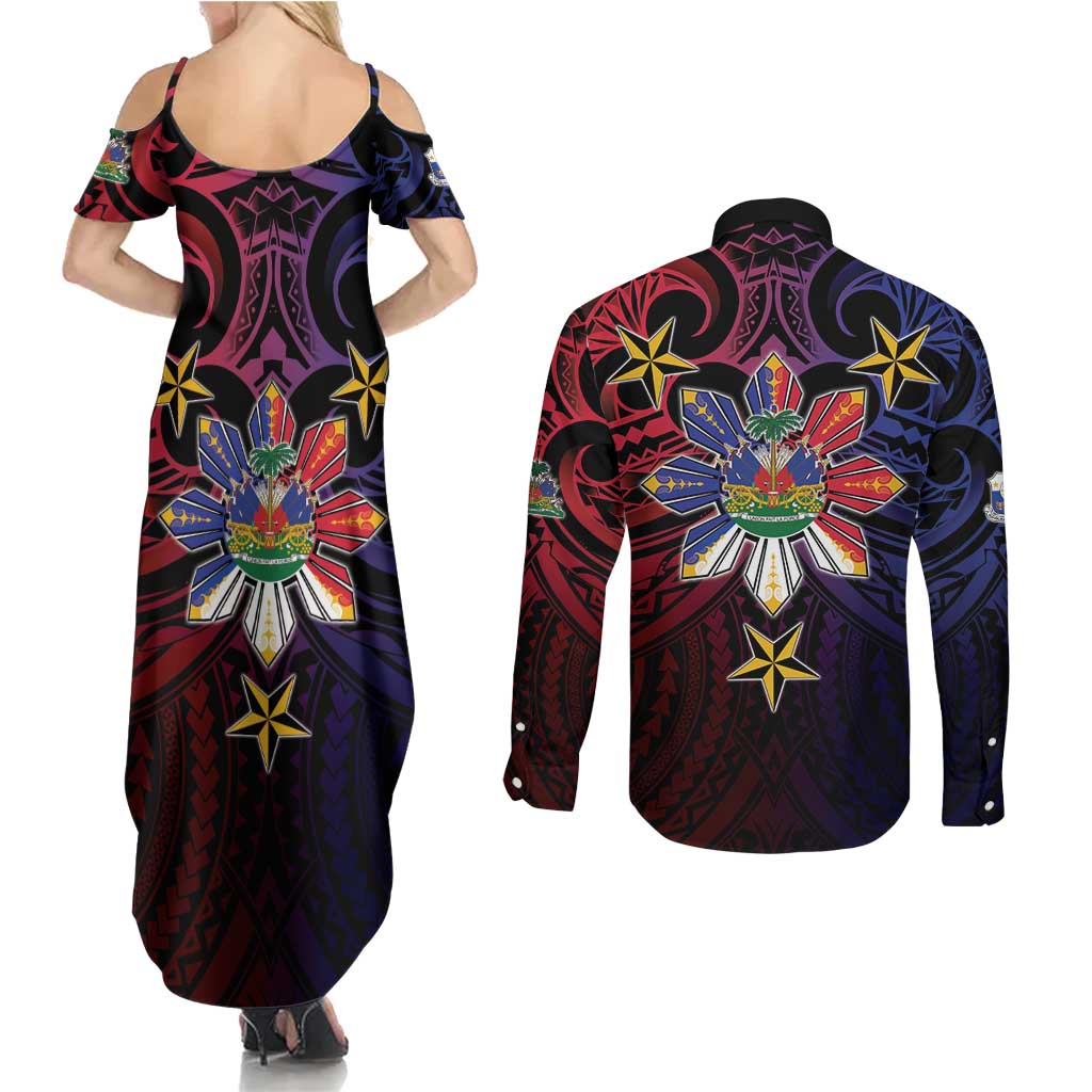 Haiti Philippines Couples Matching Summer Maxi Dress and Long Sleeve Button Shirt Haitian Coat Of Arms With Filipino Sun
