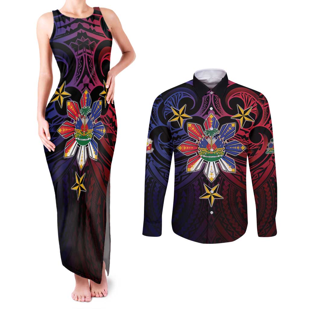Haiti Philippines Couples Matching Tank Maxi Dress and Long Sleeve Button Shirt Haitian Coat Of Arms With Filipino Sun