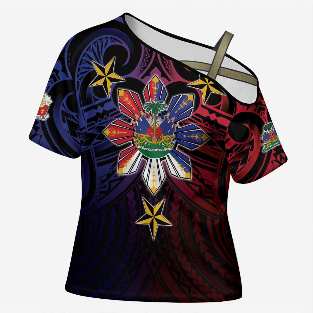 Haiti Philippines Cross Shoulder Shirt Haitian Coat Of Arms With Filipino Sun