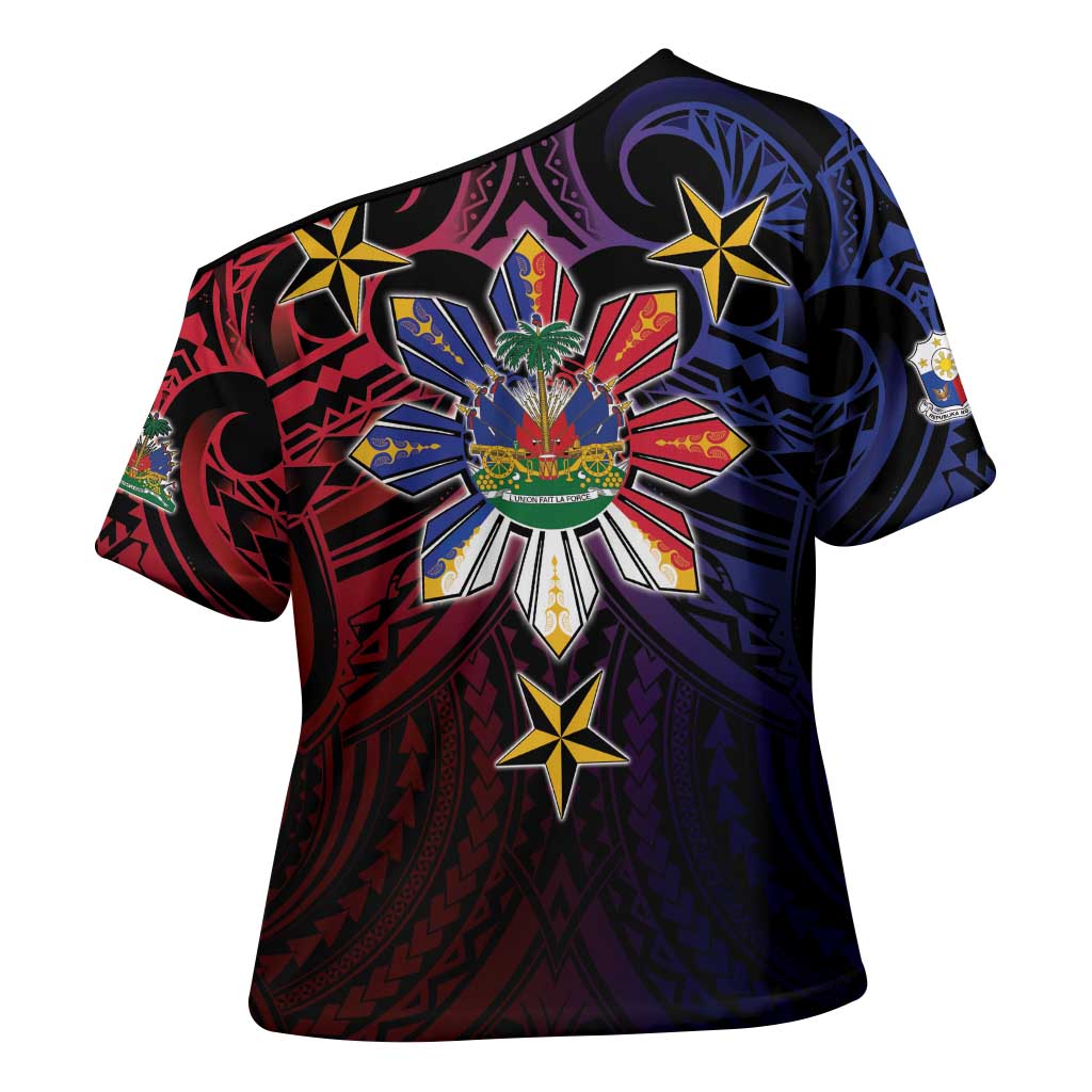 Haiti Philippines Cross Shoulder Shirt Haitian Coat Of Arms With Filipino Sun
