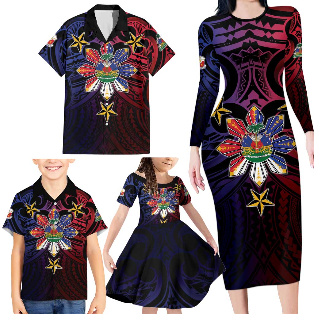 Haiti Philippines Family Matching Long Sleeve Bodycon Dress and Hawaiian Shirt Haitian Coat Of Arms With Filipino Sun