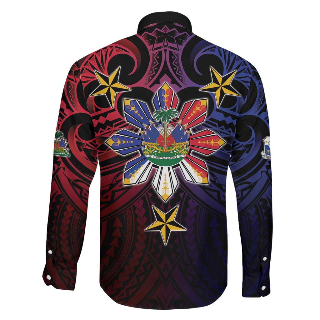 Haiti Philippines Family Matching Long Sleeve Bodycon Dress and Hawaiian Shirt Haitian Coat Of Arms With Filipino Sun