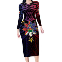 Haiti Philippines Family Matching Long Sleeve Bodycon Dress and Hawaiian Shirt Haitian Coat Of Arms With Filipino Sun