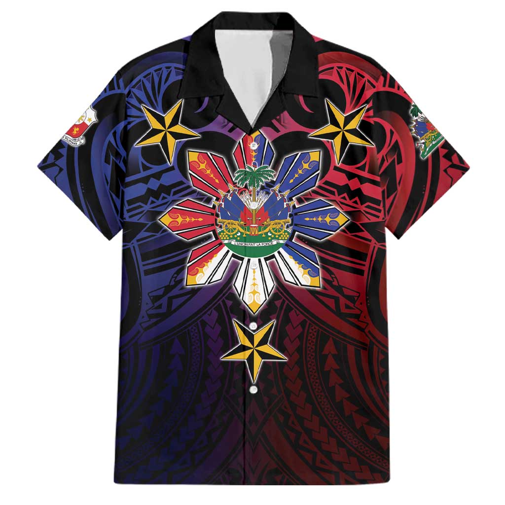 Haiti Philippines Family Matching Mermaid Dress and Hawaiian Shirt Haitian Coat Of Arms With Filipino Sun