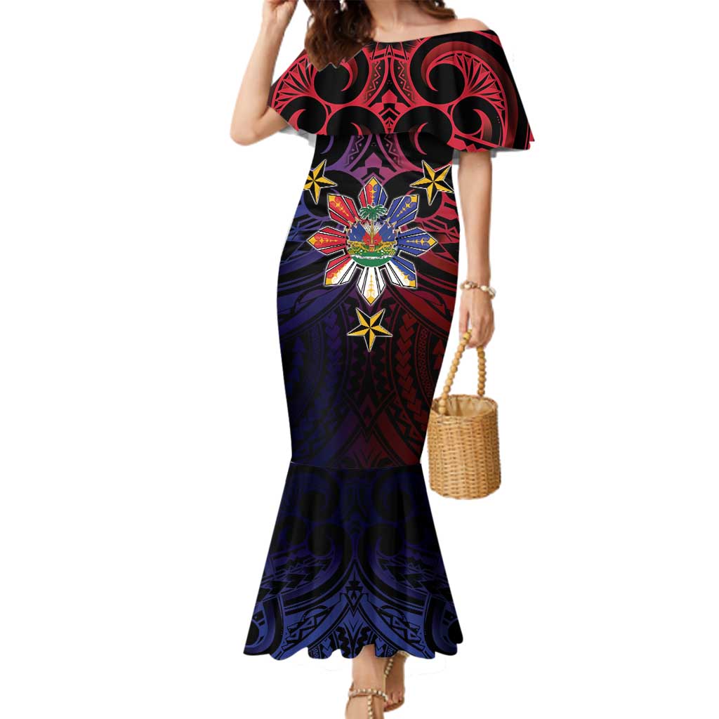 Haiti Philippines Family Matching Mermaid Dress and Hawaiian Shirt Haitian Coat Of Arms With Filipino Sun