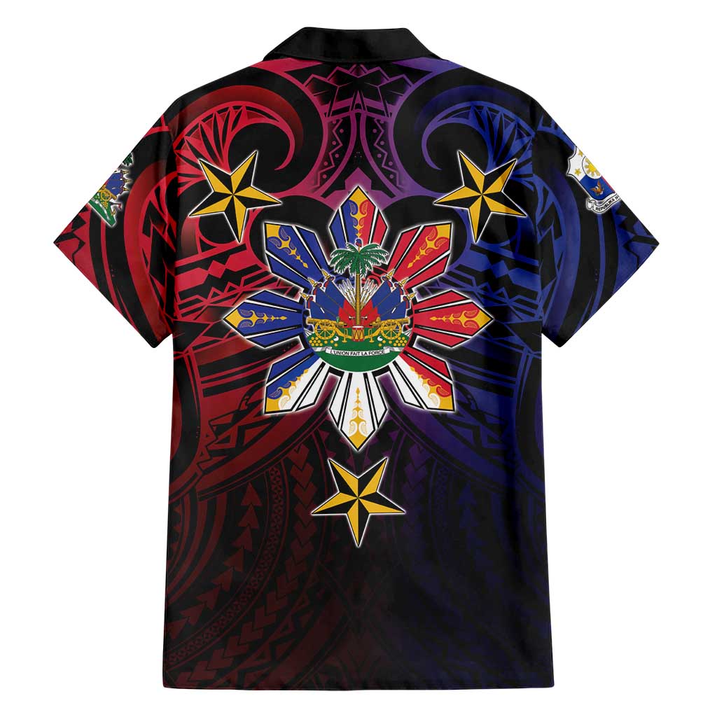 Haiti Philippines Family Matching Off The Shoulder Long Sleeve Dress and Hawaiian Shirt Haitian Coat Of Arms With Filipino Sun