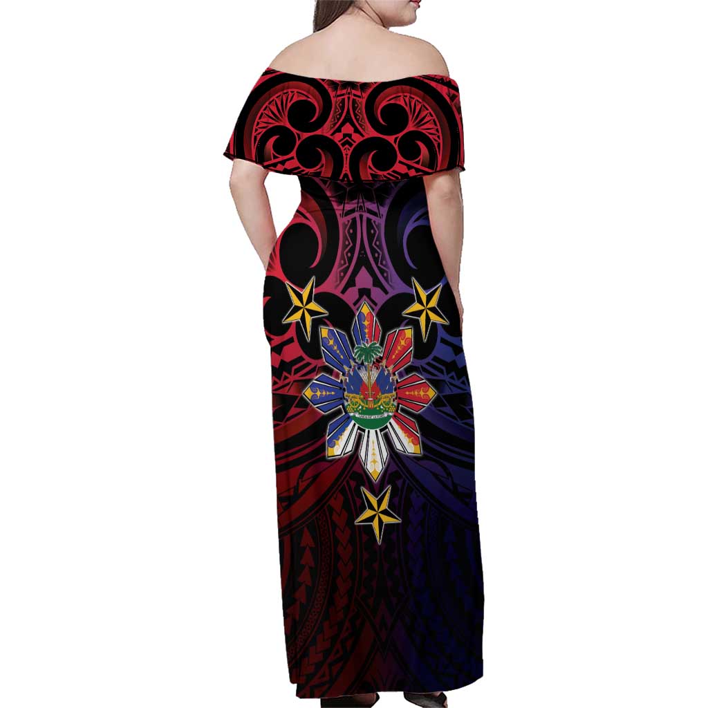 Haiti Philippines Family Matching Off Shoulder Maxi Dress and Hawaiian Shirt Haitian Coat Of Arms With Filipino Sun