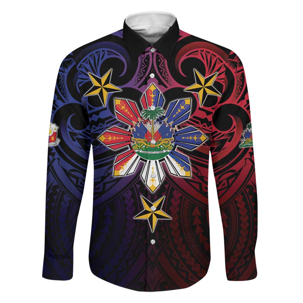 Haiti Philippines Family Matching Off Shoulder Short Dress and Hawaiian Shirt Haitian Coat Of Arms With Filipino Sun