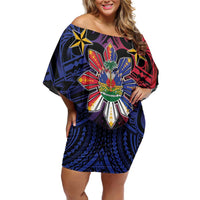 Haiti Philippines Family Matching Off Shoulder Short Dress and Hawaiian Shirt Haitian Coat Of Arms With Filipino Sun