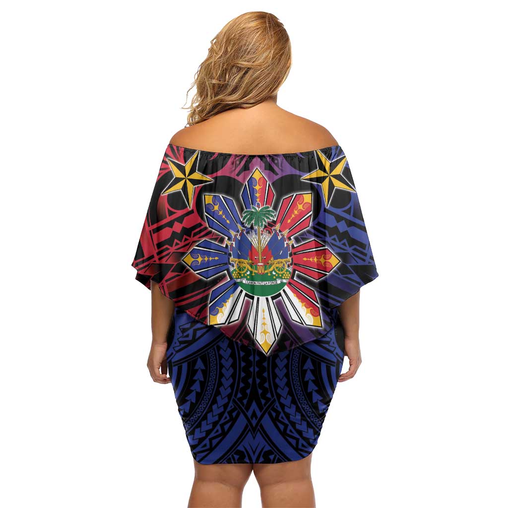 Haiti Philippines Family Matching Off Shoulder Short Dress and Hawaiian Shirt Haitian Coat Of Arms With Filipino Sun