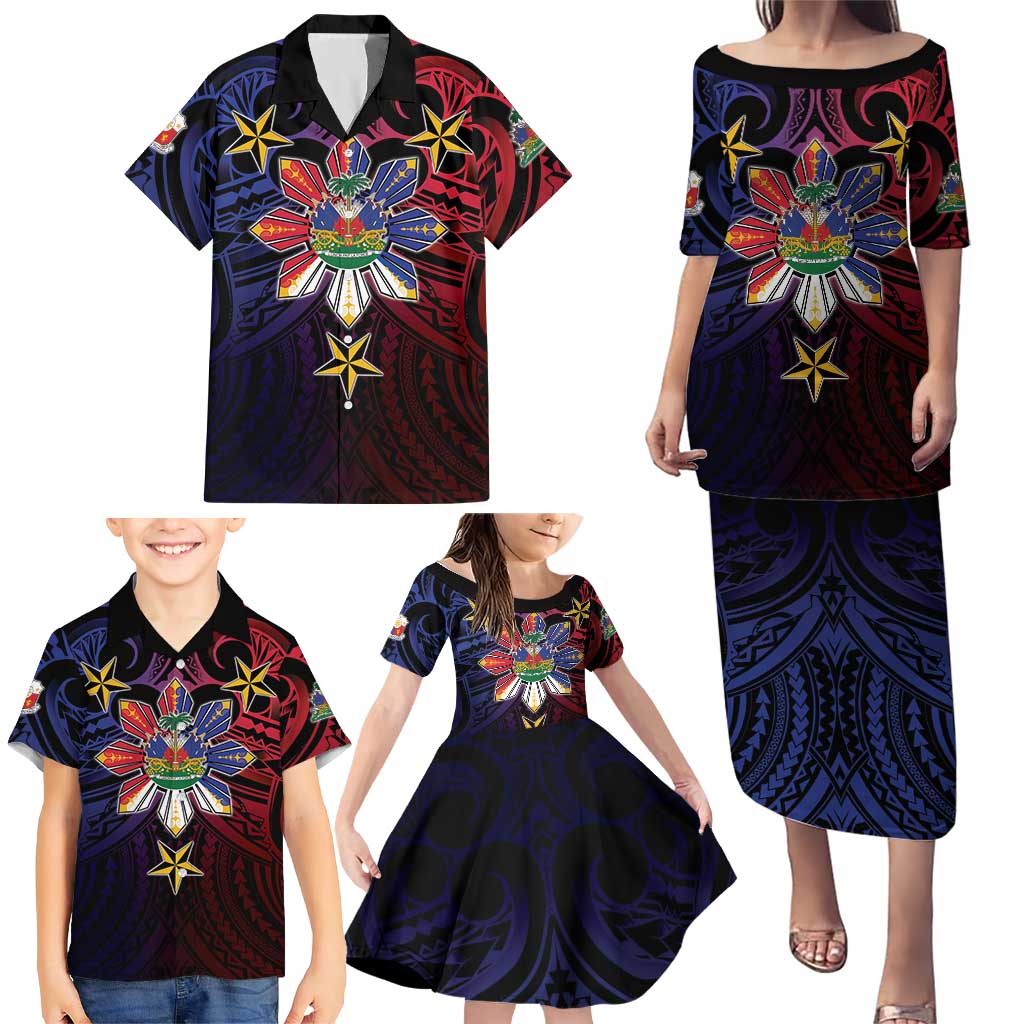 Haiti Philippines Family Matching Puletasi and Hawaiian Shirt Haitian Coat Of Arms With Filipino Sun
