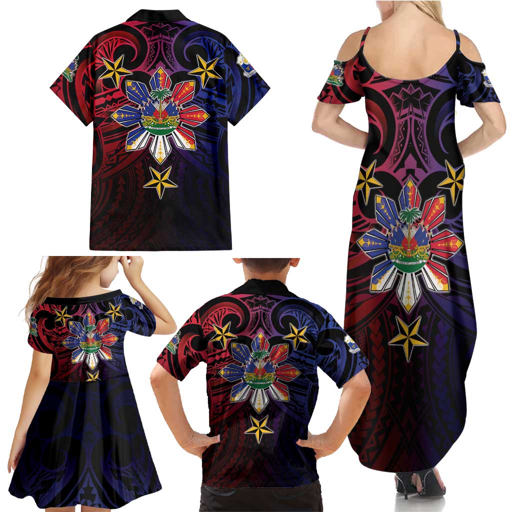 Haiti Philippines Family Matching Summer Maxi Dress and Hawaiian Shirt Haitian Coat Of Arms With Filipino Sun