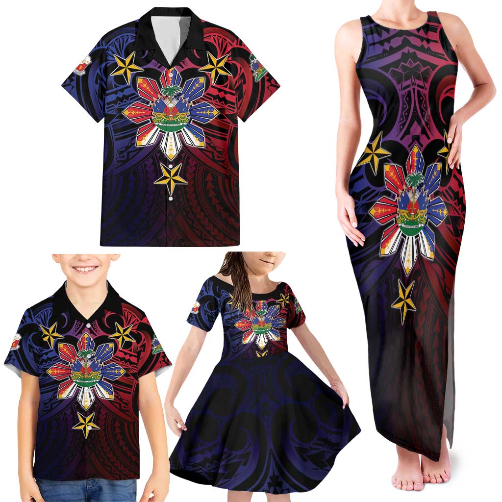 Haiti Philippines Family Matching Tank Maxi Dress and Hawaiian Shirt Haitian Coat Of Arms With Filipino Sun